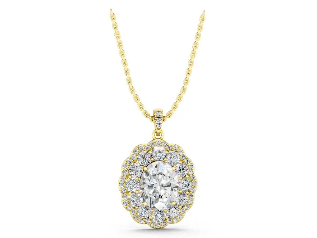 Oval Diamond Floral Halo Pendant with Diamond Accents Yellow gold