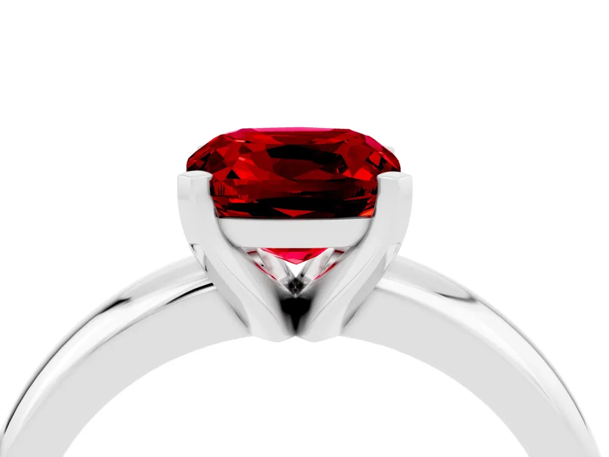 Cushion Cut Ruby Solitaire Engagement Ring with Round Band and Four-Prong Setting Silver