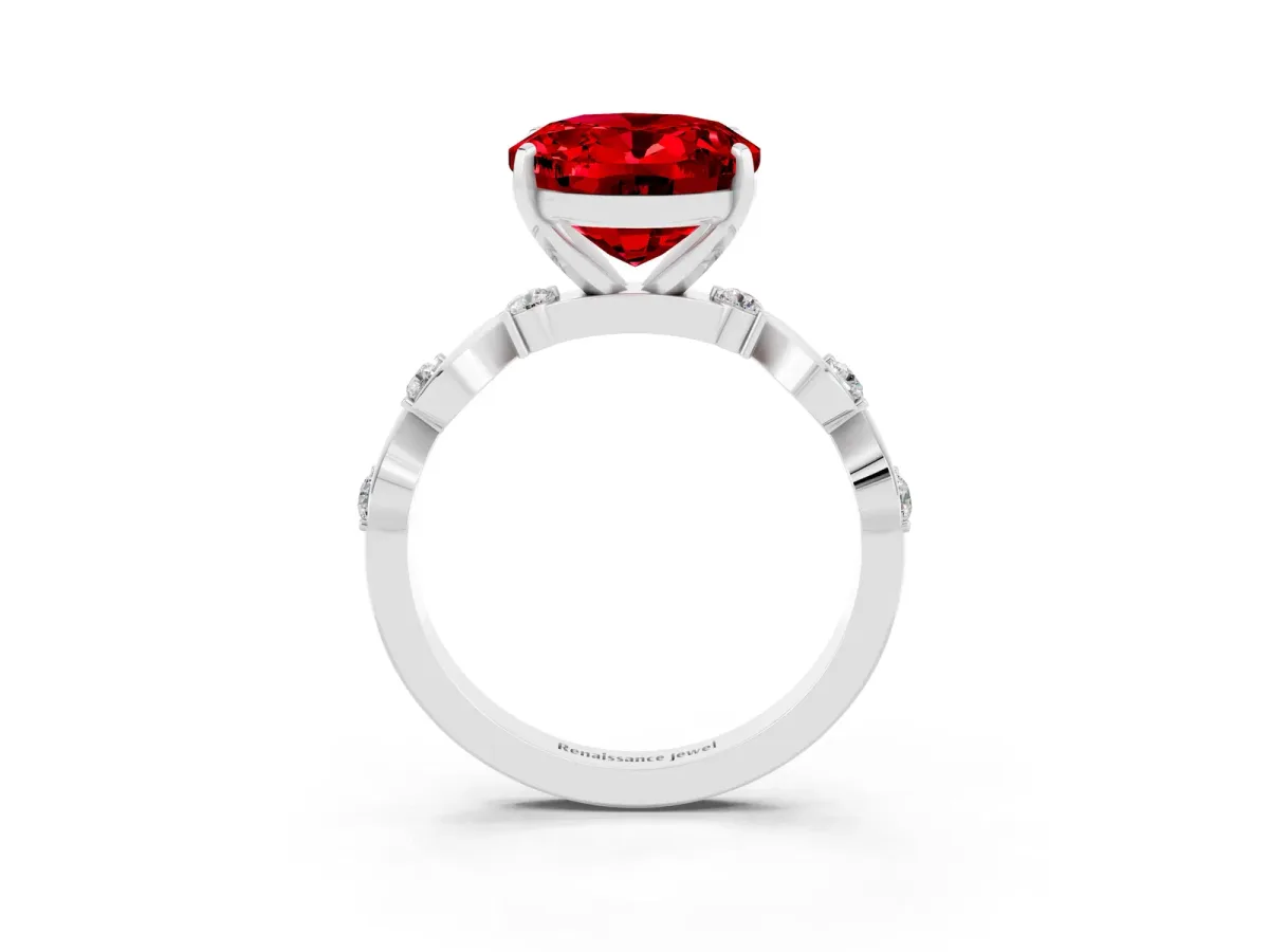 Oval Cut Ruby Solitaire Twisted Band with Round Accents and Prong Setting Platinum