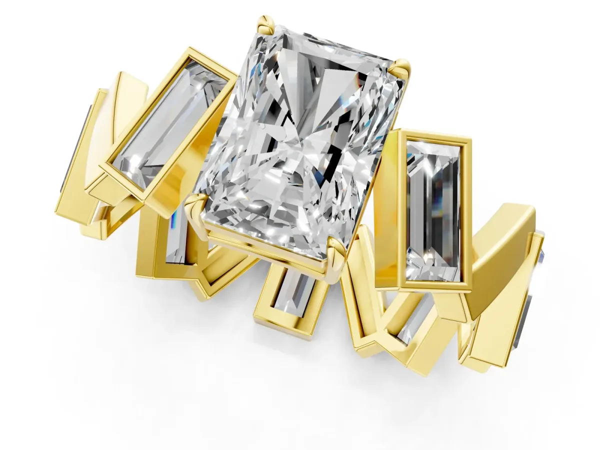 Radiant Diamond Geometric Side Stone Engagement Ring Yellow gold