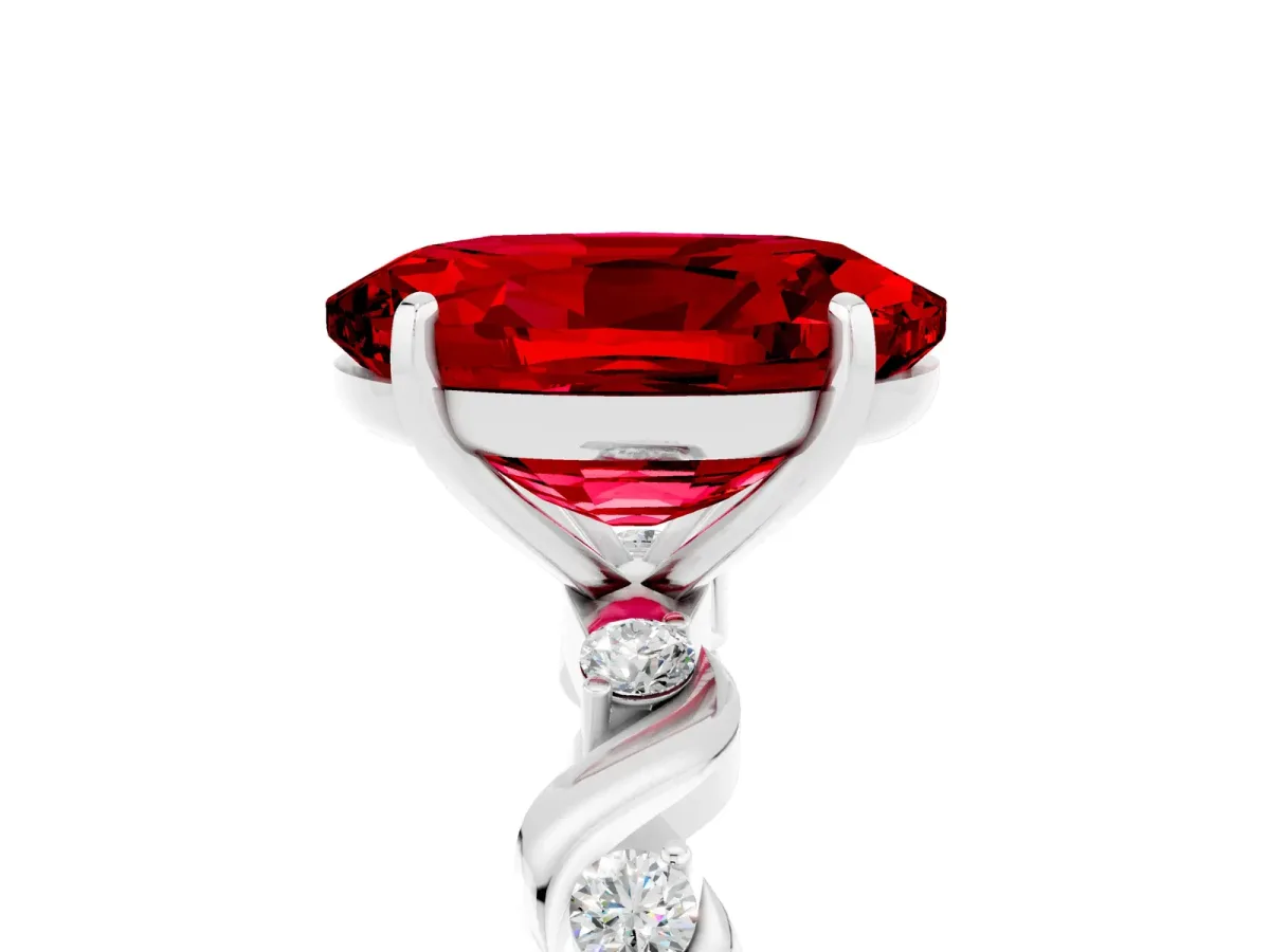 Oval Cut Ruby Solitaire Twisted Band with Round Accents and Prong Setting Platinum