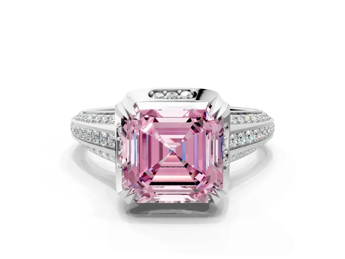 Fancy Pink Asscher Cut Solitaire Pave Split Shank Ring with Four-Prong Setting Platinum