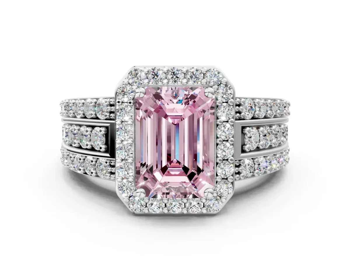 Fancy Pink Emerald Cut Halo Diamond Ring with Round Split Shank and Prong Setting White gold