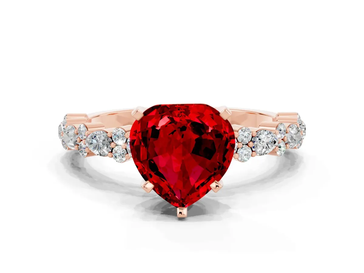 Heart Cut Ruby Side Stone Solitaire Ring with Round and Four-Prong Setting Rose gold