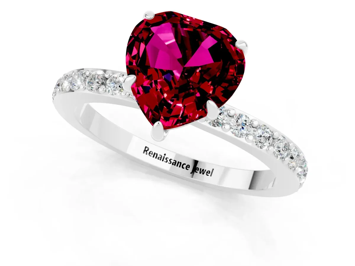 Heart Cut Garnet Solitaire Engagement Ring with Pavé Band and Four-Prong Setting White gold