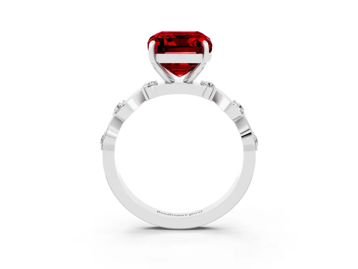 Emerald Cut Ruby Solitaire Twisted Band with Round Accents and Prong Setting Platinum