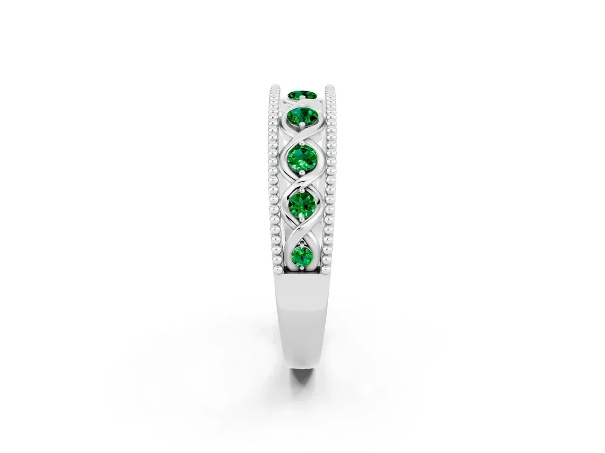 Round Emerald Twist Milgrain Band with Bezel Setting Silver