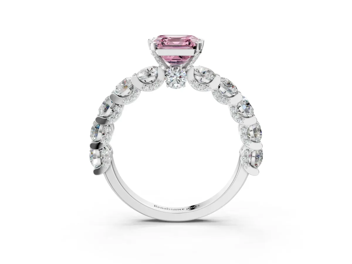 Fancy Pink Asscher Cut Diamond Side Stone Engagement Ring with Four-Prong Setting White gold