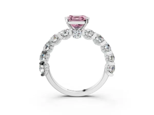 Fancy Pink Asscher Cut Diamond Side Stone Engagement Ring with Four-Prong Setting Platinum