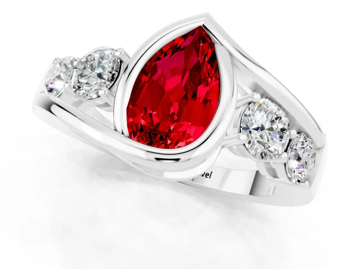 Bezel Set Pear Cut Ruby Bypass Ring with Round Accents Platinum