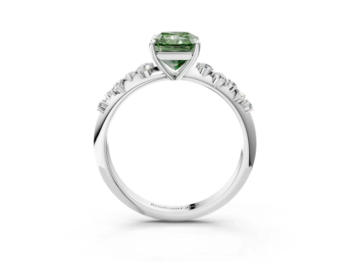 Fancy Green Radiant Cut Diamond Cluster Side Stone Solitaire Ring with Prong Setting Platinum