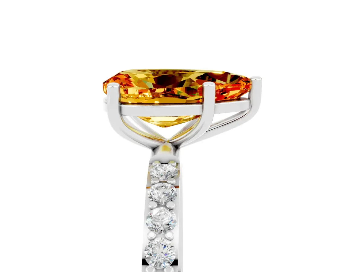 Pear Cut Citrine Solitaire Ring with Round Pavé Band and Prong Setting Platinum
