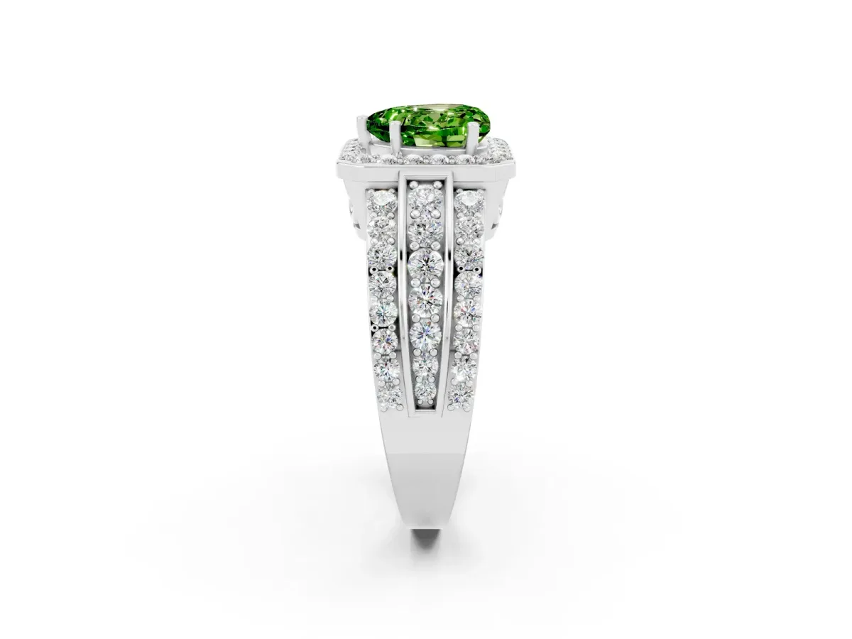 Heart Cut Halo Peridot Ring with Round Split Shank and Prong Setting Silver