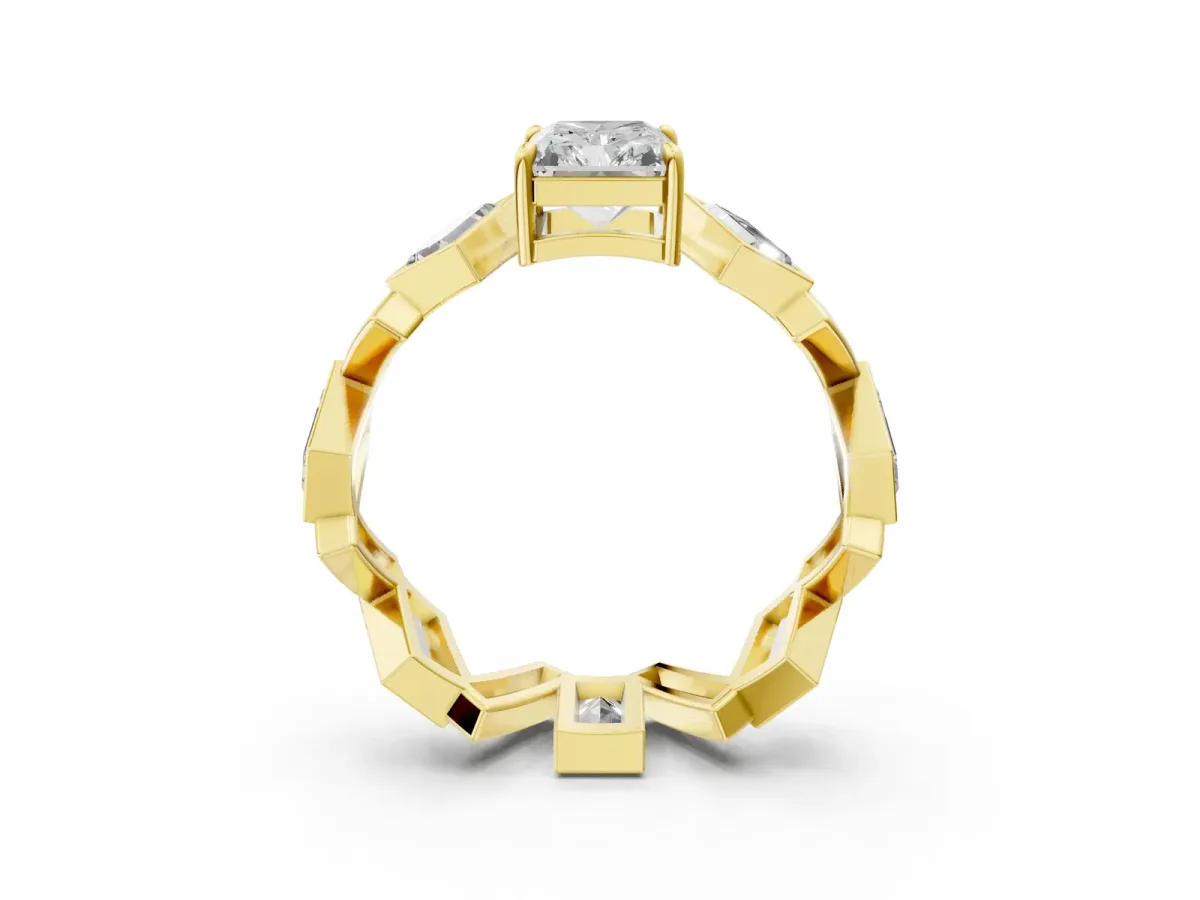 Radiant Diamond Geometric Side Stone Engagement Ring Yellow gold