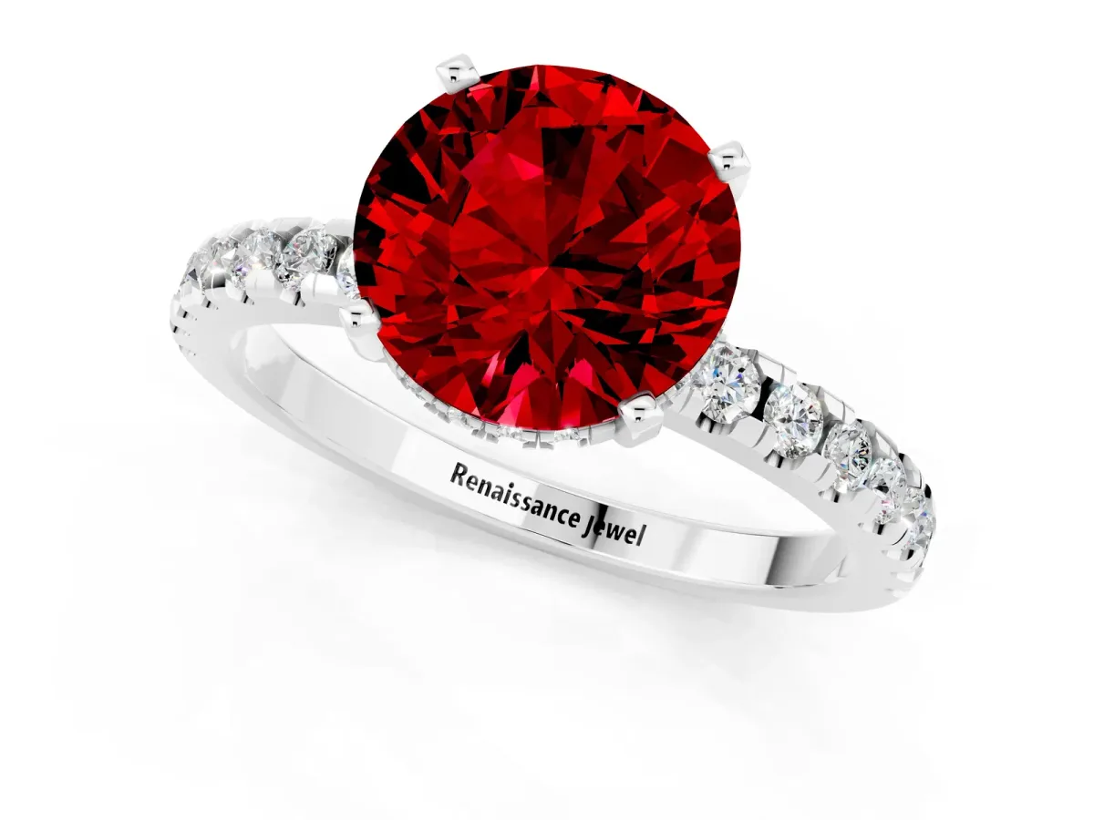 Round Cut Ruby Solitaire Ring with Round Pavé Band and Four-Prong Setting White gold