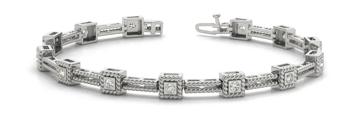 Square Bezel Set Round Diamond Rope Link Bracelet White gold