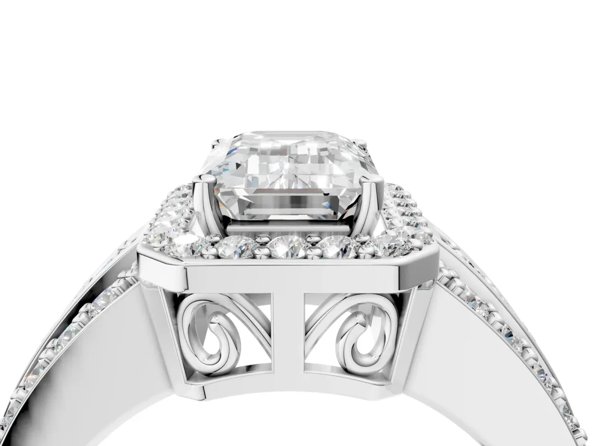 Emerald Cut Halo Diamond Ring with Round Split Shank and Prong Setting Silver