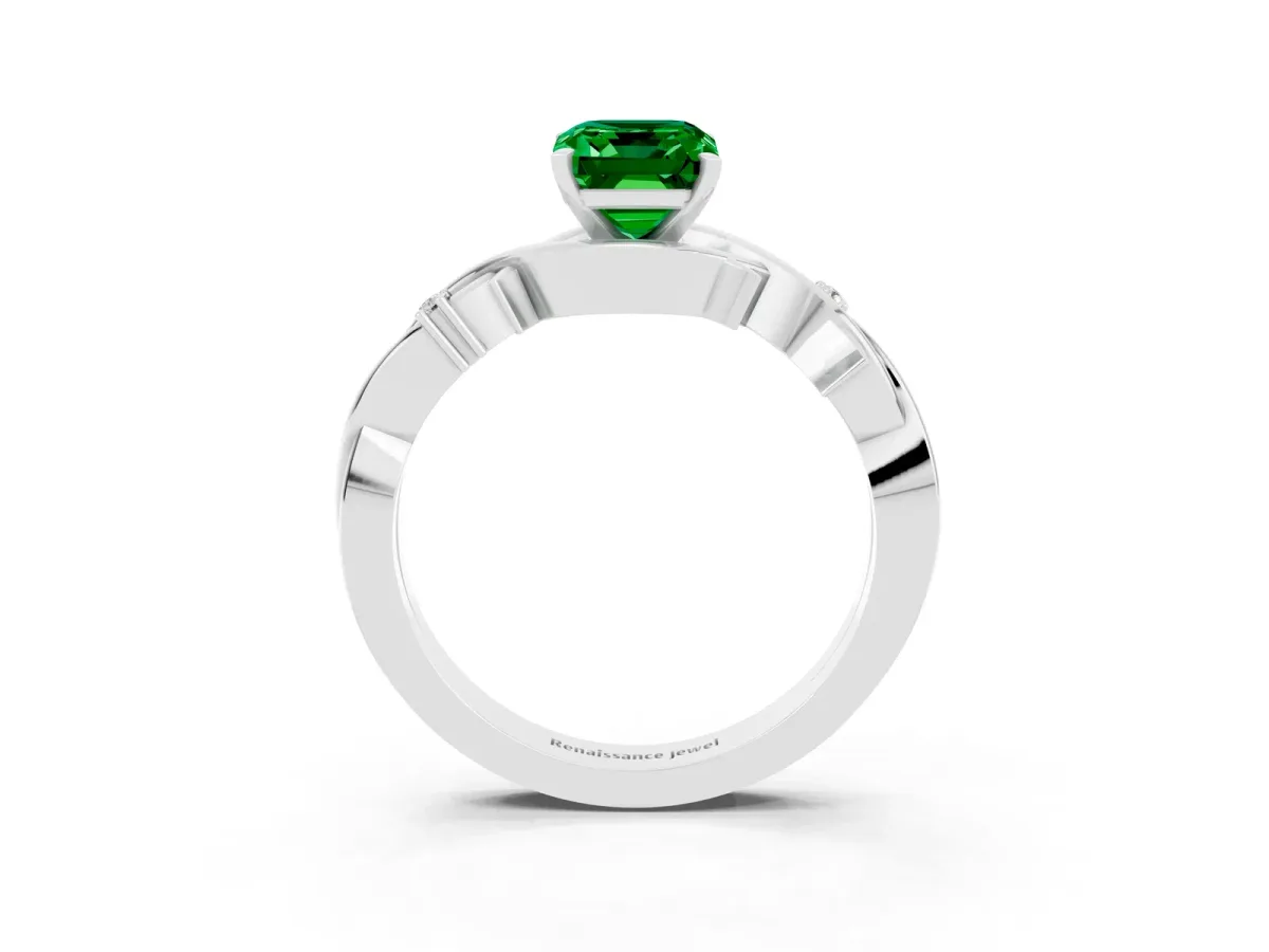 Emerald Cut Emerald Solitaire Ring with Twisted Band and Prong Setting Silver