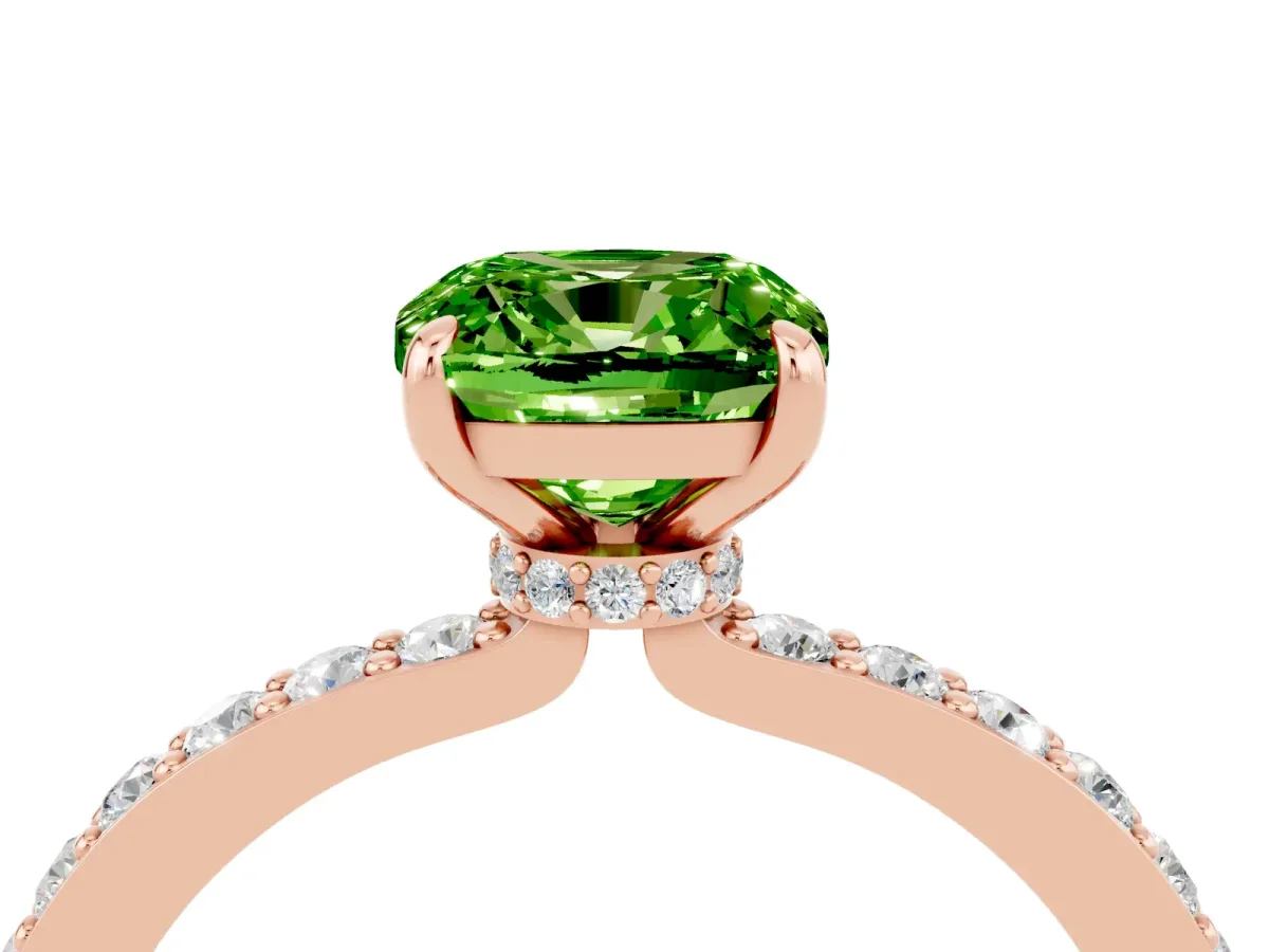 Cushion Cut Peridot Solitaire Engagement Ring with Pavé Band and Four-Prong Setting Rose gold