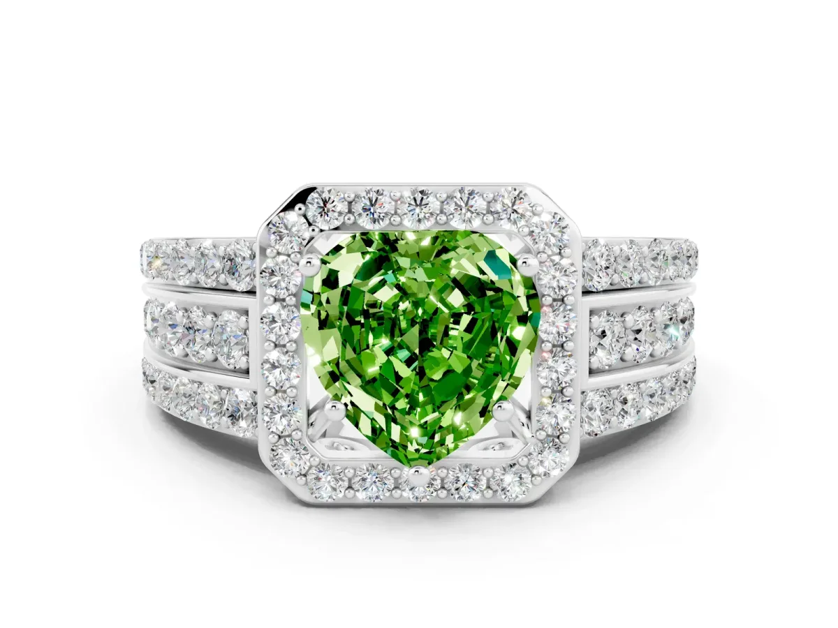 Heart Cut Halo Peridot Ring with Round Split Shank and Prong Setting Silver