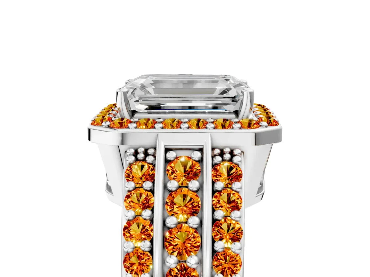 Emerald Cut Halo Diamond Ring with Round Citrine Split Shank and Prong Setting Platinum