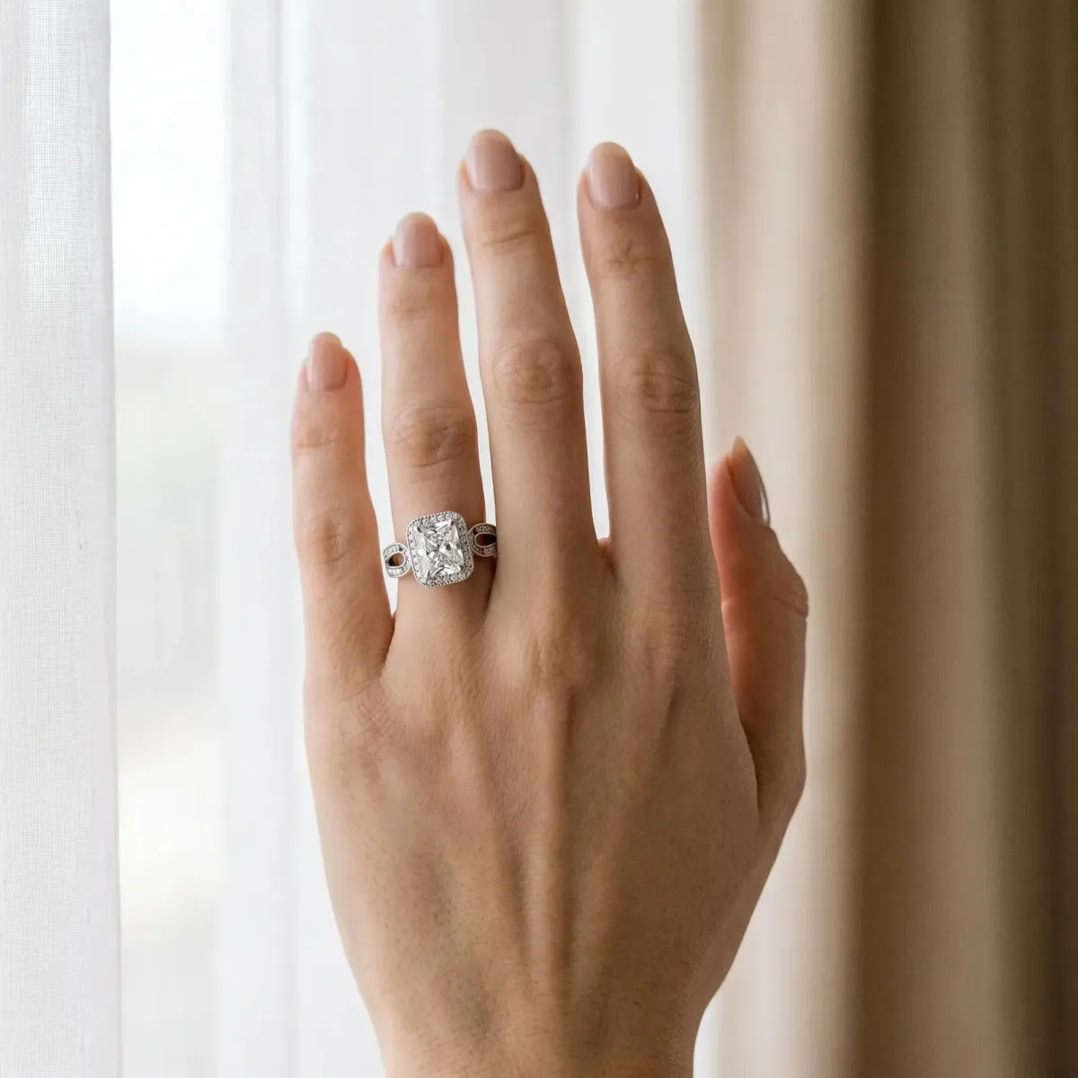 Radiant Cut Halo Split Shank Milgrain Diamond Ring Silver