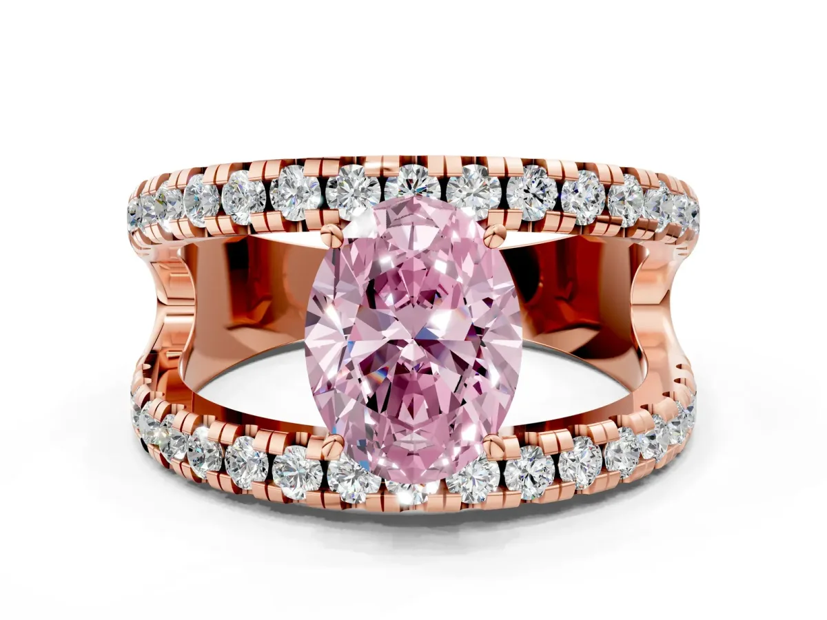 Fancy Pink Oval Cut Solitaire Split Shank Pave Diamond Ring Rose gold
