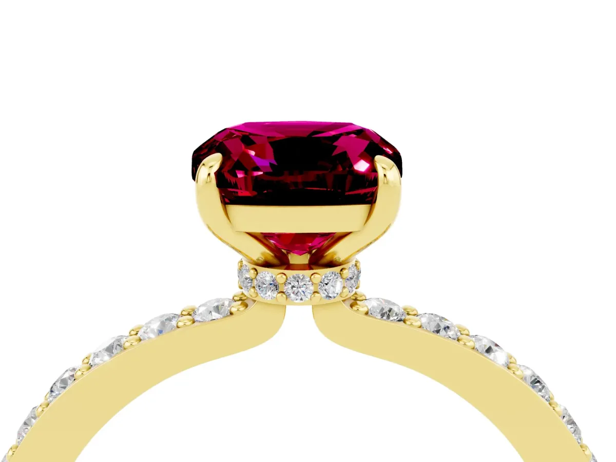 Cushion Cut Garnet Solitaire Engagement Ring with Pavé Band and Four-Prong Setting Yellow gold