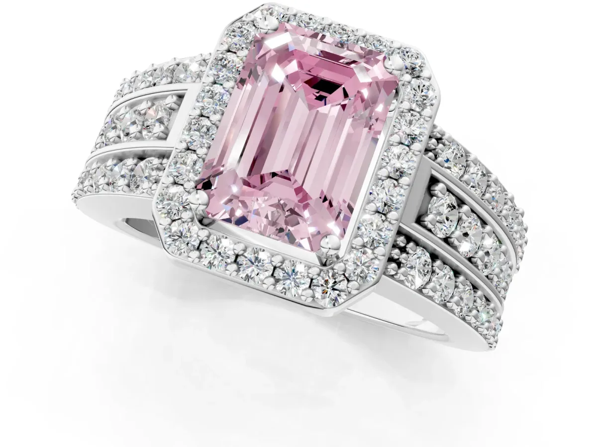 Fancy Pink Emerald Cut Halo Diamond Ring with Round Split Shank and Prong Setting White gold