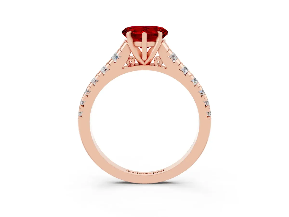 Heart Cut Ruby Cathedral Solitaire Ring with Round Pavé Band Rose gold