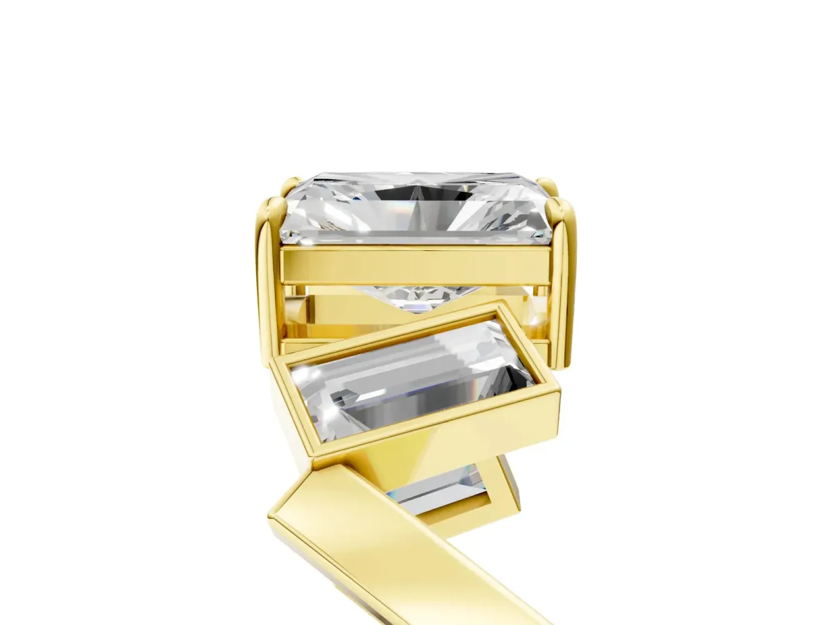 Radiant Diamond Geometric Side Stone Engagement Ring Yellow gold