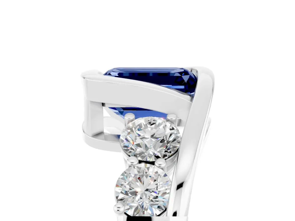 Bezel Set Emerald Cut Blue Sapphire Bypass Ring with Round Accents Silver