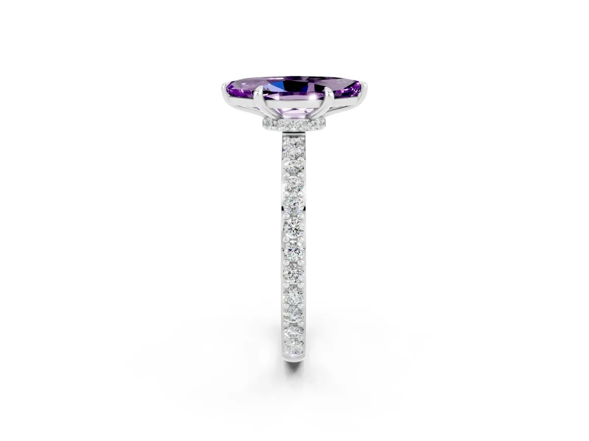 Marquise Cut Amethyst Solitaire Engagement Ring with Pavé Band and Four-Prong Setting White gold