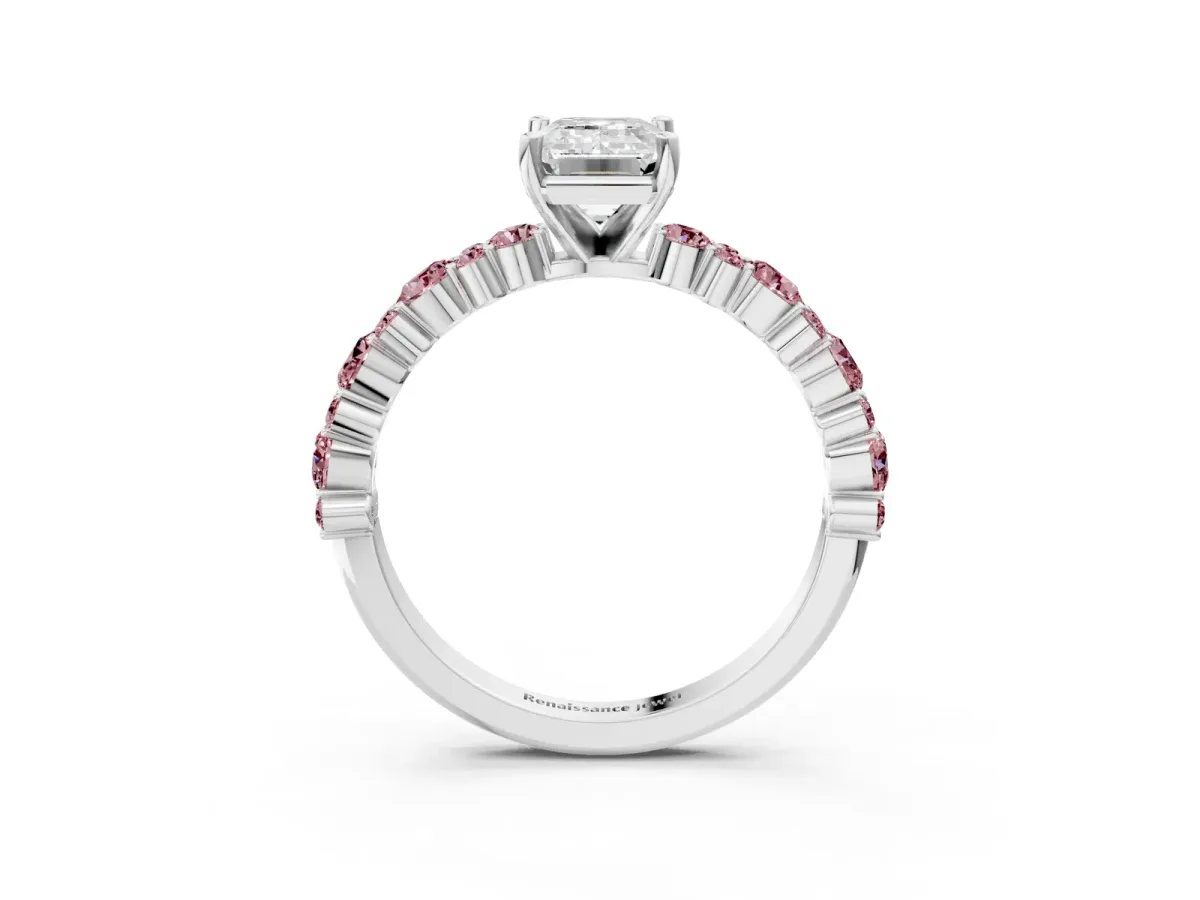 Emerald Cut Diamond Side Stone Solitaire Ring with Round Morganite and Four-Prong Setting Silver