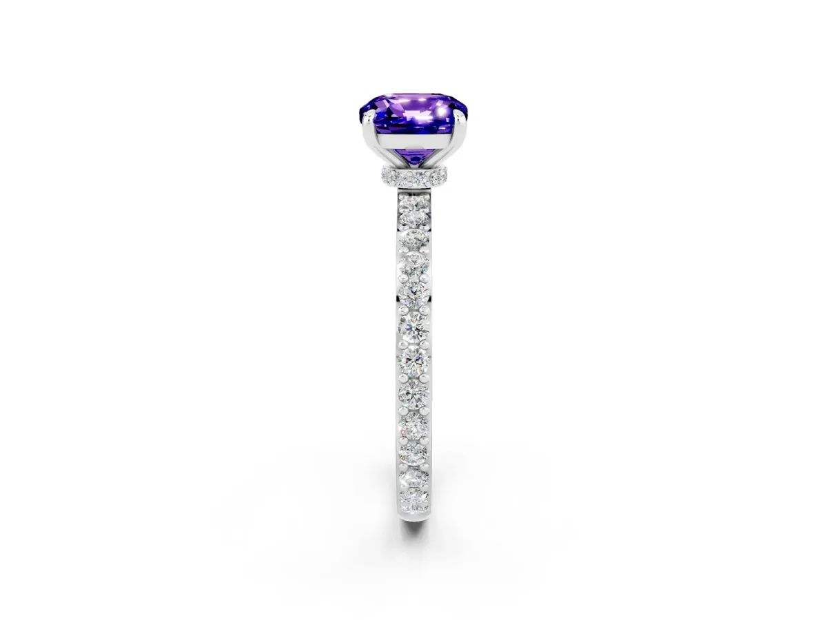 Cushion Cut Tanzanite Solitaire Engagement Ring with Pavé Band and Four-Prong Setting White gold