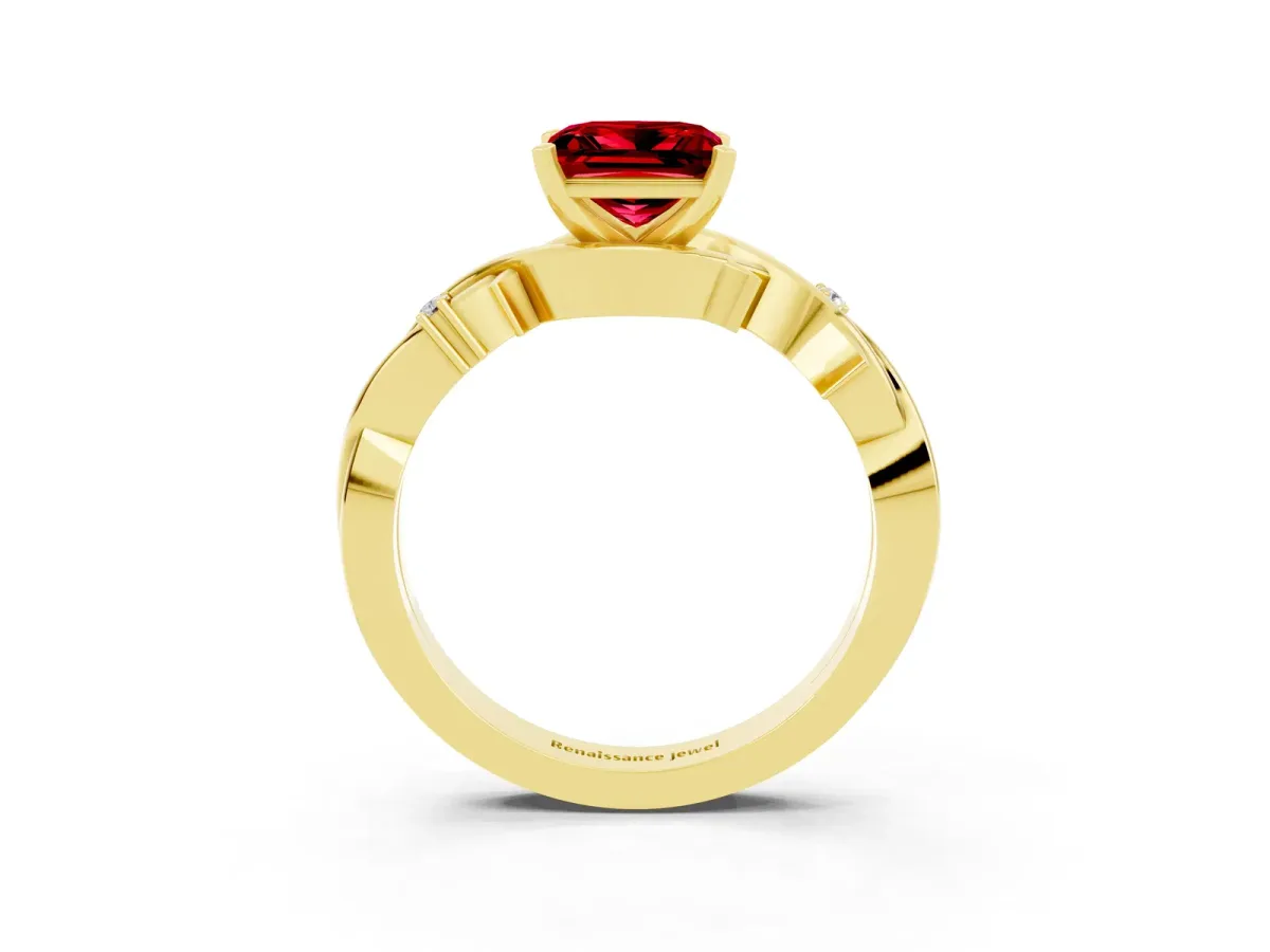 Princess Cut Ruby Solitaire Ring with Twisted Band and Prong Setting Yellow gold