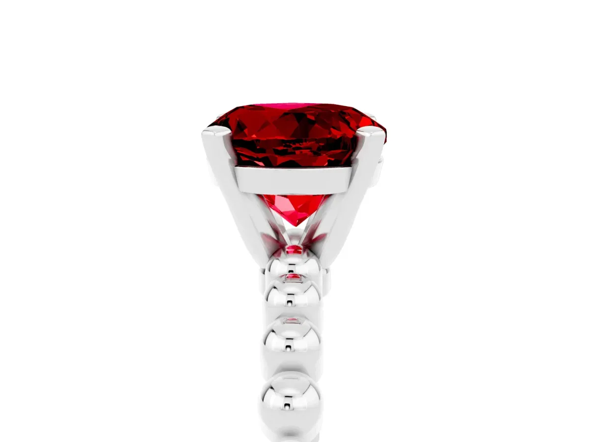 Round Cut Ruby Solitaire Ring with Beaded Band and Prong Setting White gold