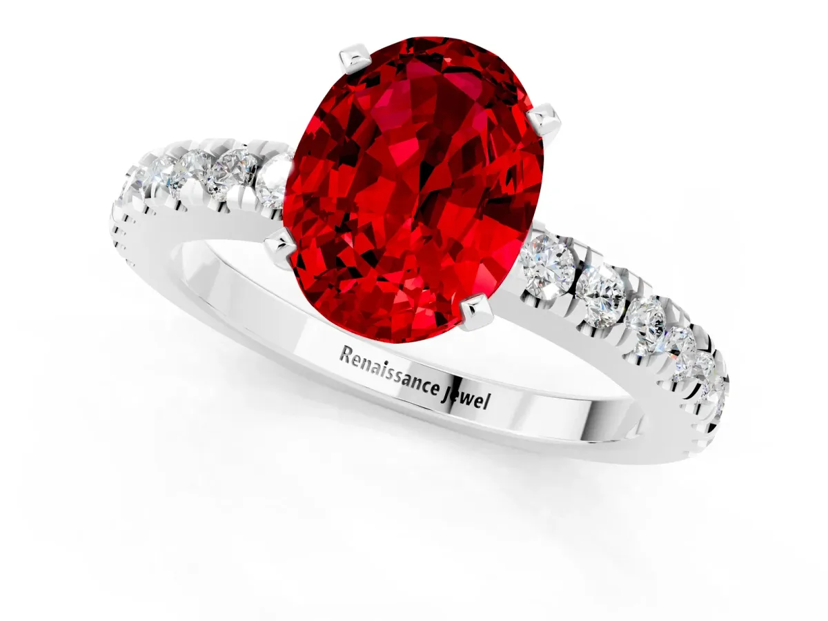 Oval Cut Solitaire Ruby with Pavé Band and Four-Prong Setting White gold
