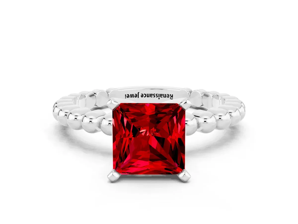 Princess Cut Ruby Solitaire Ring with Beaded Band and Prong Setting Silver