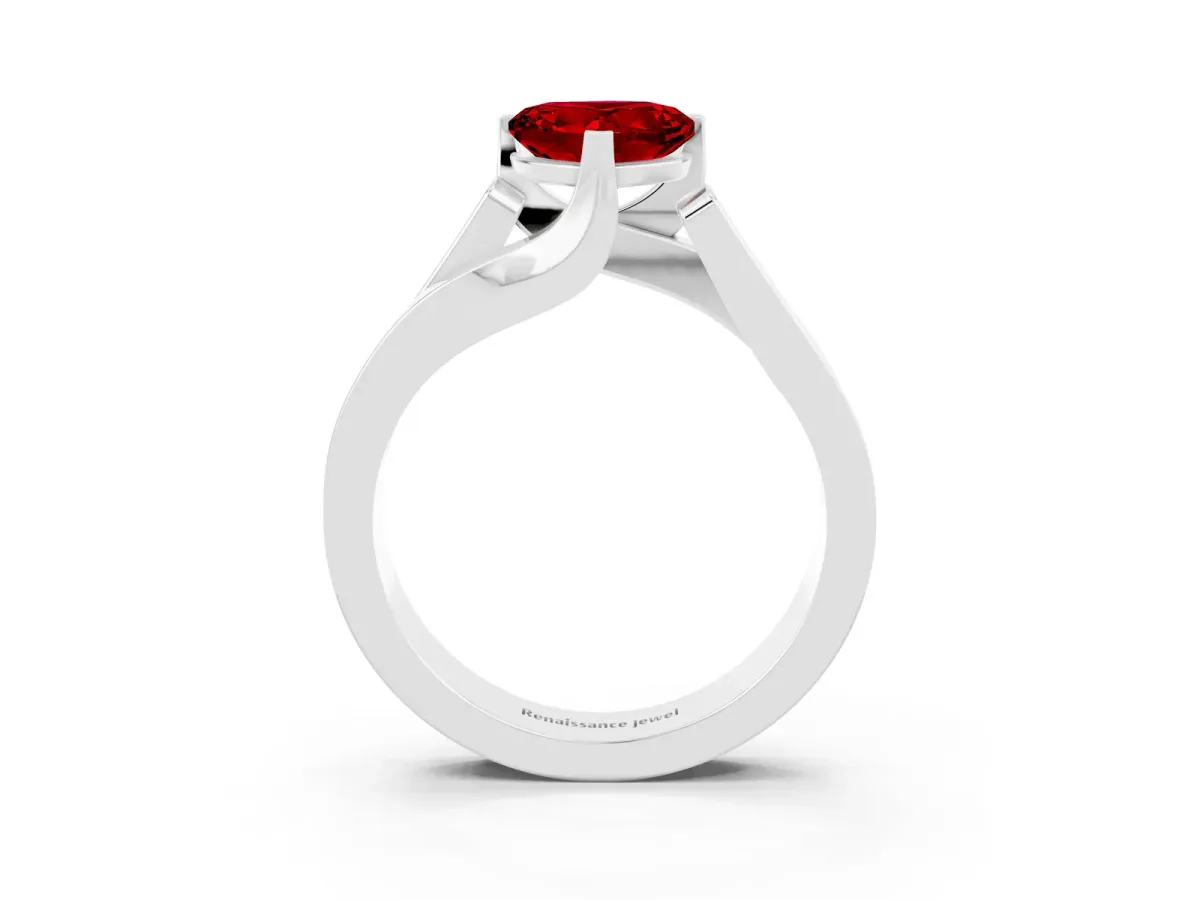 Modern Tension Set Heart Cut Ruby Solitaire Wide Band Ring Silver