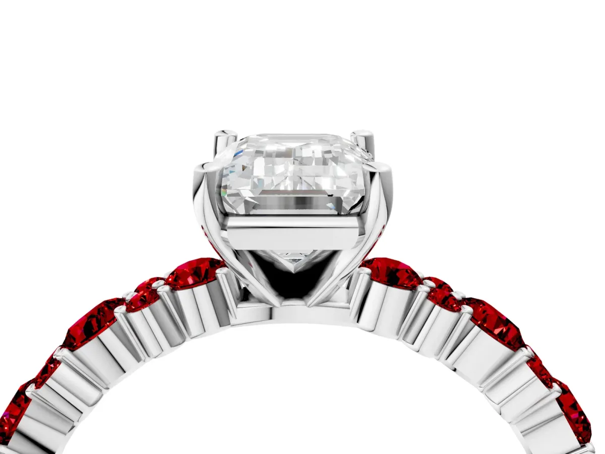Emerald Cut Diamond Side Stone Solitaire Ring with Round Ruby and Four-Prong Setting Silver