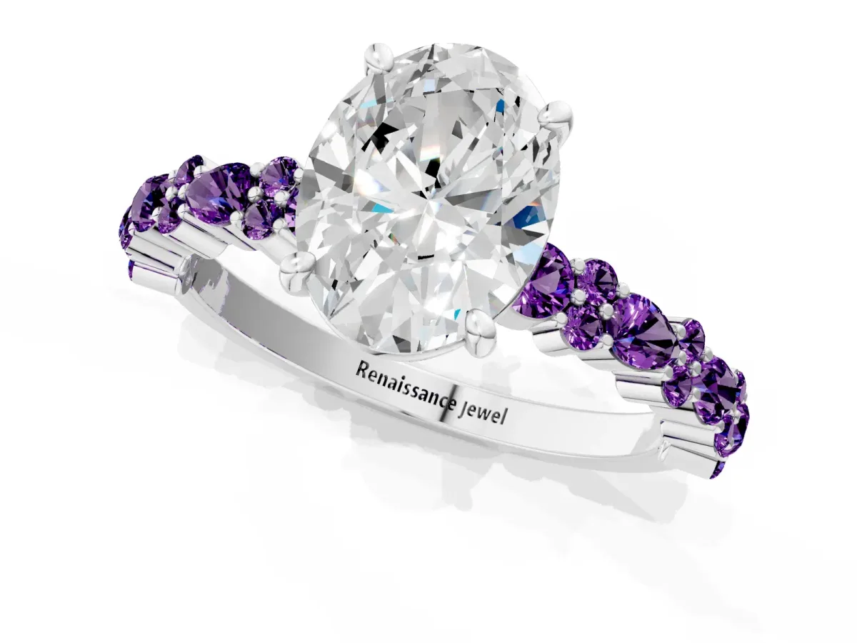 Oval Cut Diamond Side Stone Solitaire Ring with Round Amethyst and Four-Prong Setting Silver