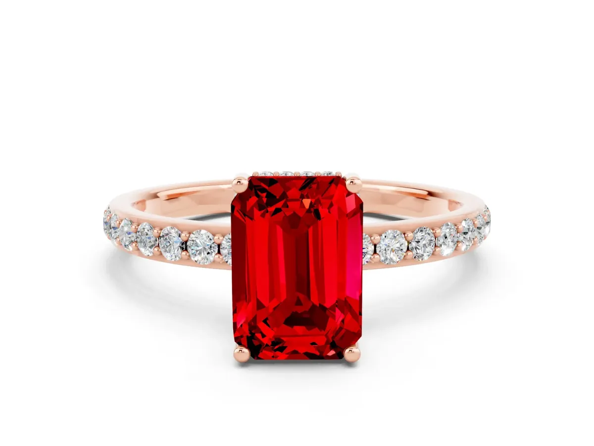 Emerald Cut Ruby Solitaire Ring with Pavé Band and Hidden Halo Rose gold