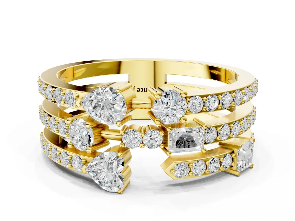 Mixed Shape Diamond Multi Row Promise Ring with Round Diamond Accents Yellow gold