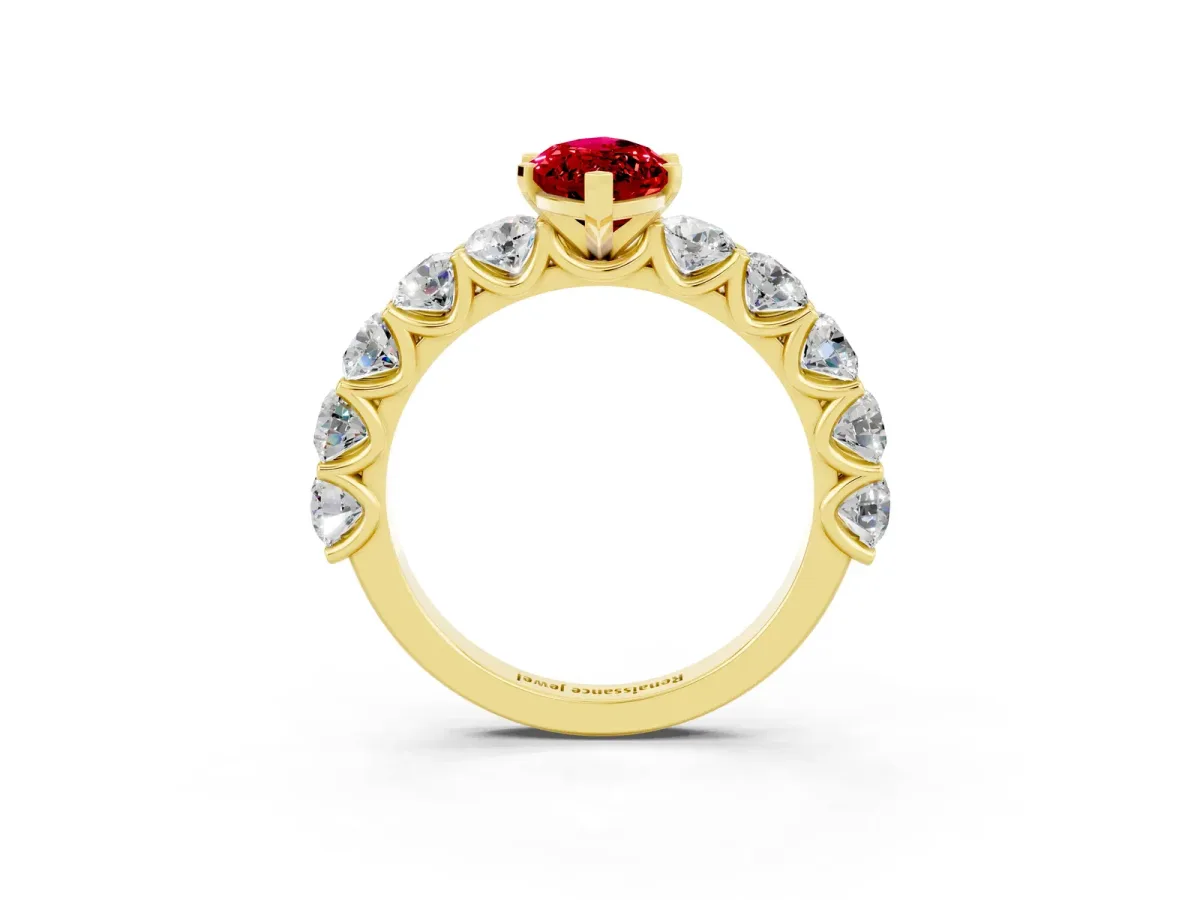 Marquise Cut Ruby Prong Setting with Side Stones on a Pave Band Yellow gold