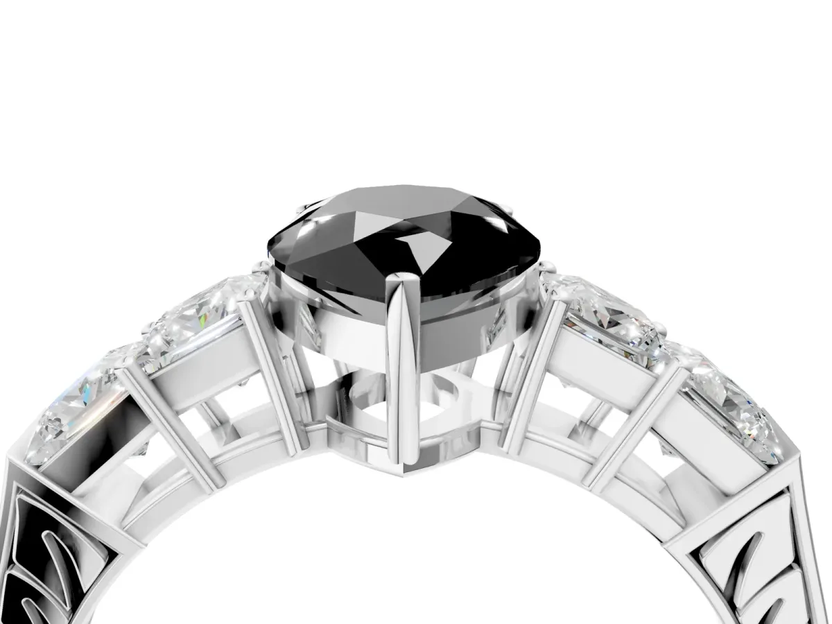 Fancy Black Pear Cut Solitaire Princess Side Stone Engraved Band Prong Setting Ring Silver