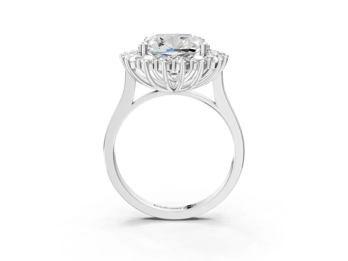 Cushion Diamond Halo Engagement Ring with Round Diamond Accents White gold