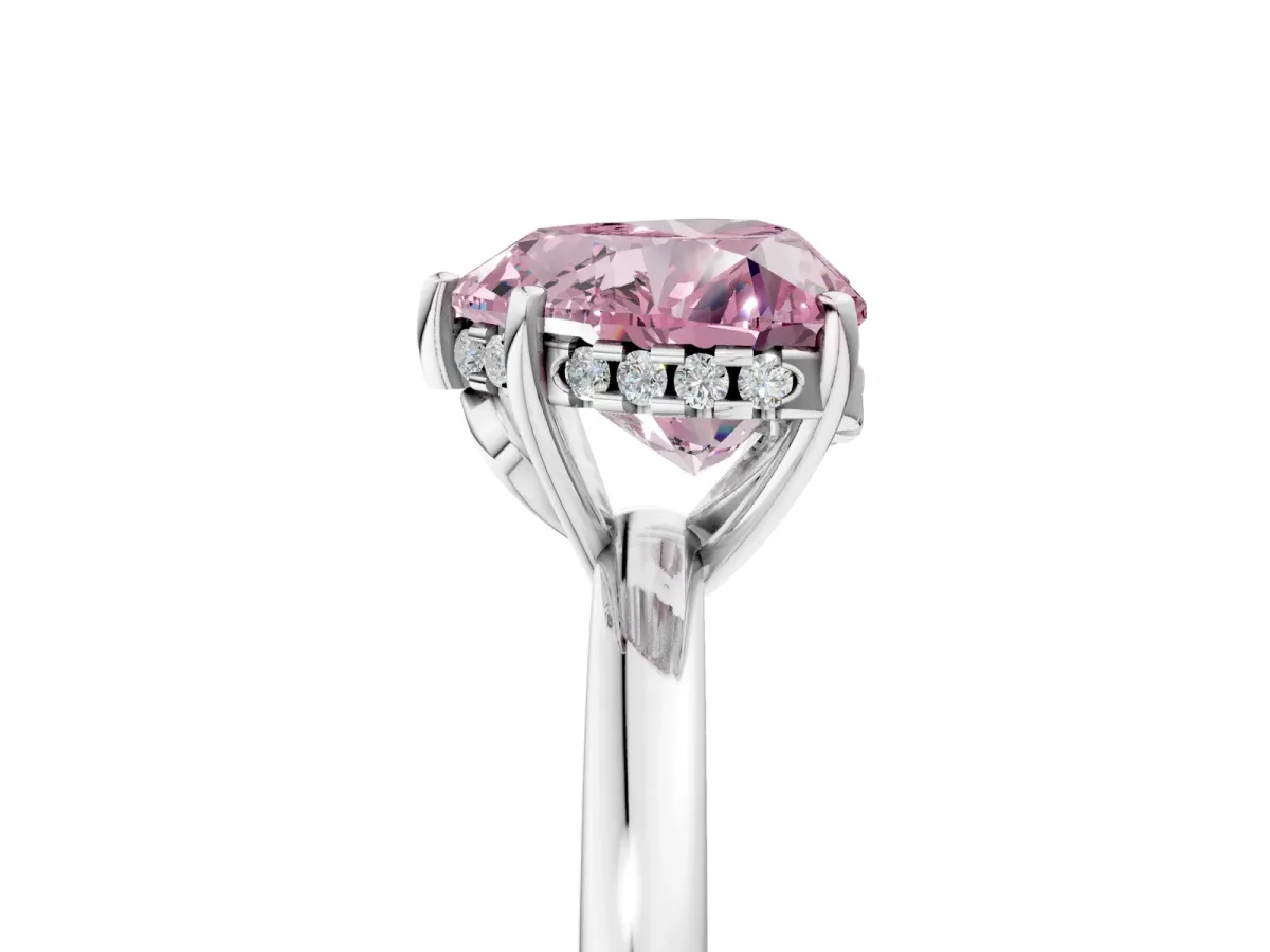 Fancy Pink Heart Cut Solitaire Diamond Ring with Prong Setting and Plain Band Silver