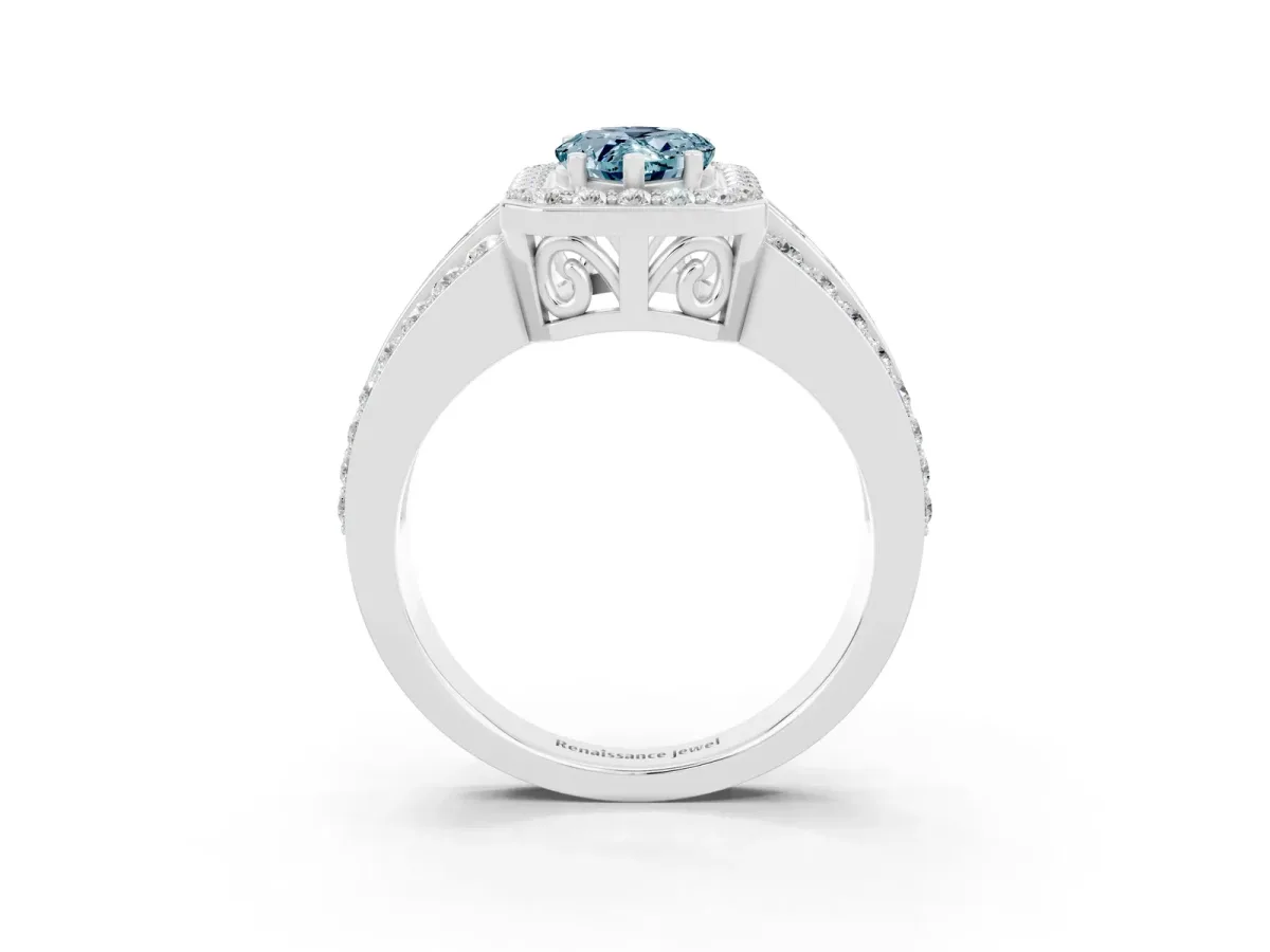 Pear Cut Halo Aquamarine Ring with Round Split Shank and Prong Setting Silver