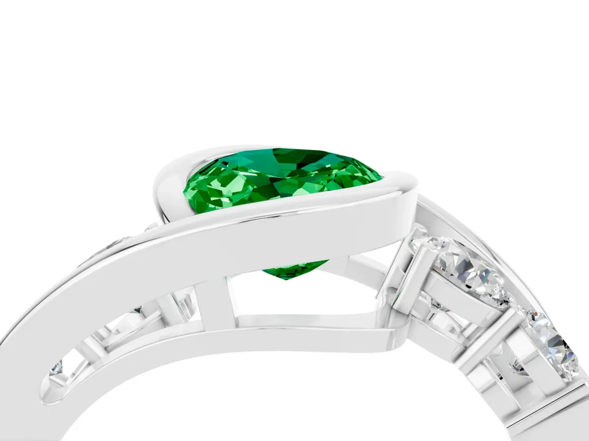 Bezel Set Oval Cut Emerald Bypass Ring with Round Accents Platinum